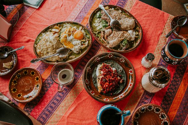 traditional Mexican dishes served on a vibrant tablecloth