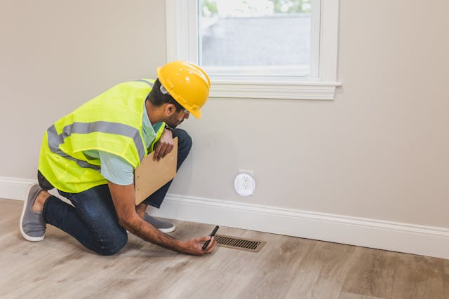 man in neon vest and hardhat inspection floor grate while holding clipboard